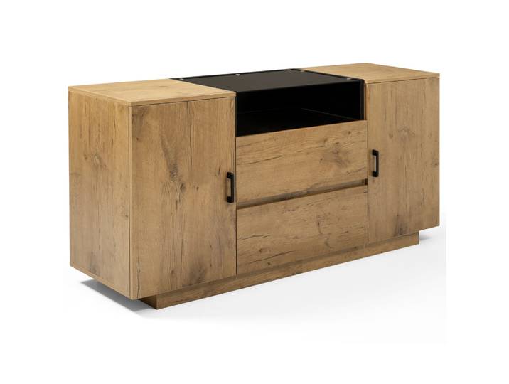 Commode vintage à 3 tiroirs effet noyer et en rotin