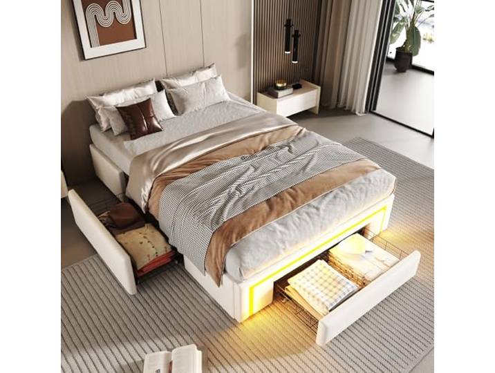 LANTRO JS Bett 90 x 200 mit Stauraum Schubladen, Plattformbett Ohne Kopfteil mit Metall Lattenrost, LED-Lichtleiste, Modernes Design, Ohne Matratze, PU-Leder, Weiß
