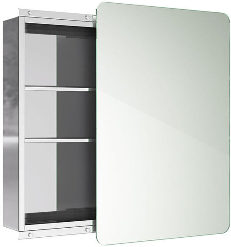 iBathUK Helsinki Wall Mounted Stainless Steel Bathroom Mirror Cabinet with Sliding Door and 2 Shelves in Silver, 660 x 460mm Silver 660mm H