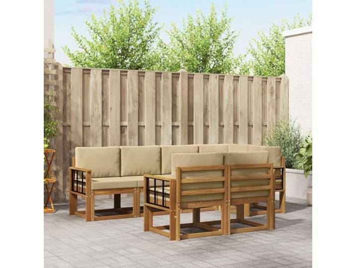 RJPLMFV Außensofa, 7-teilig, massives Akazienholz, Beige Modular, Lattenrost, Armlehnen, Holz, einfache Montage, einfache Reinigung