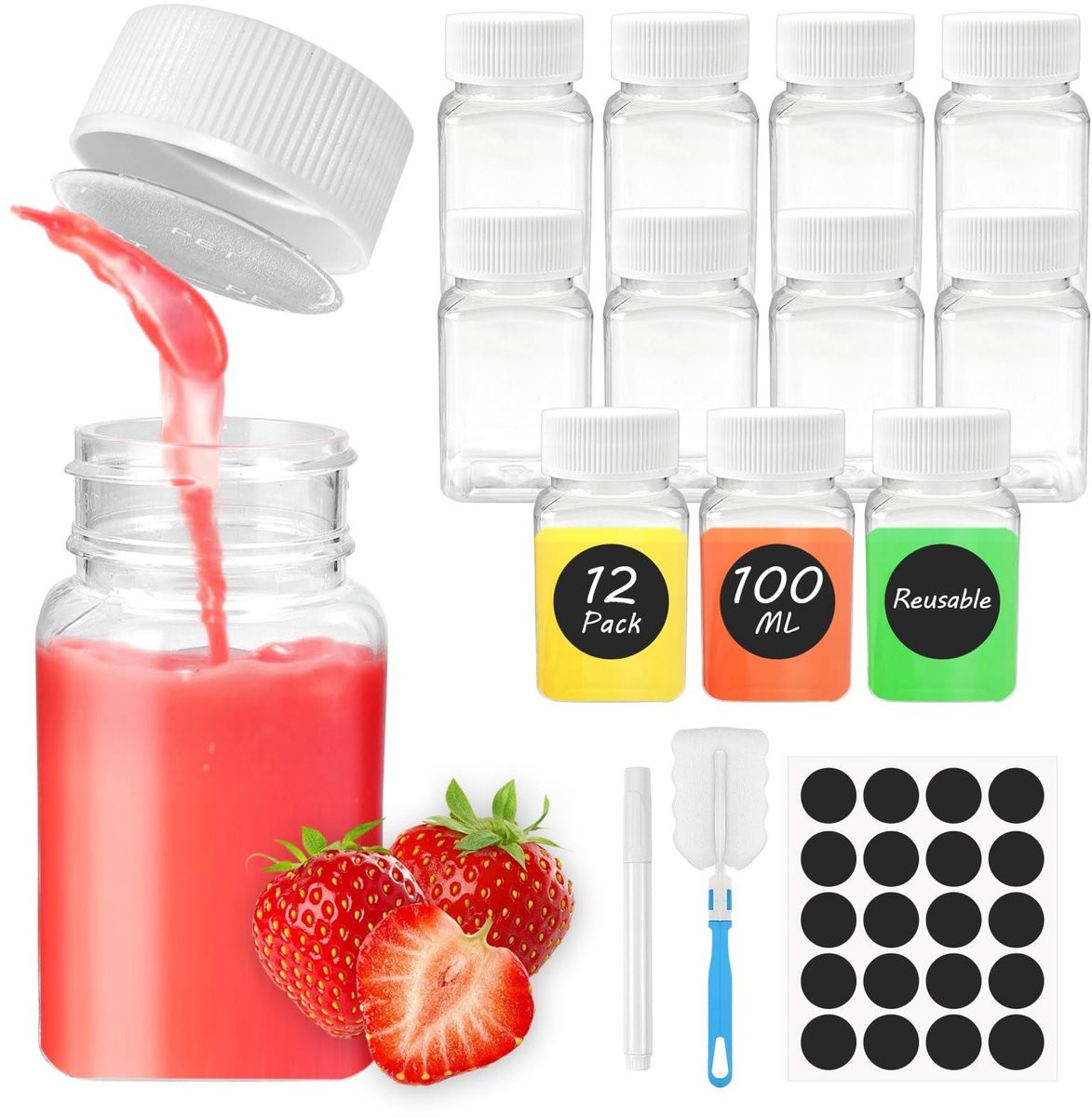 Dailygoods Set van 12 Herbruikbare Plastic Shotflessen met Stickers, 60 ml en 100 ml