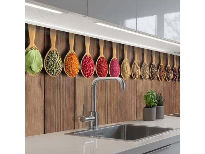 KitchenYeah© Spritzschutz Küchenrückwand Selbstklebend Küche Rückwand 80x300 cm - Küchenwand Wand Küchenfront Verkleidung Küchenspritzschutz Löffel - Kräuter - Holz