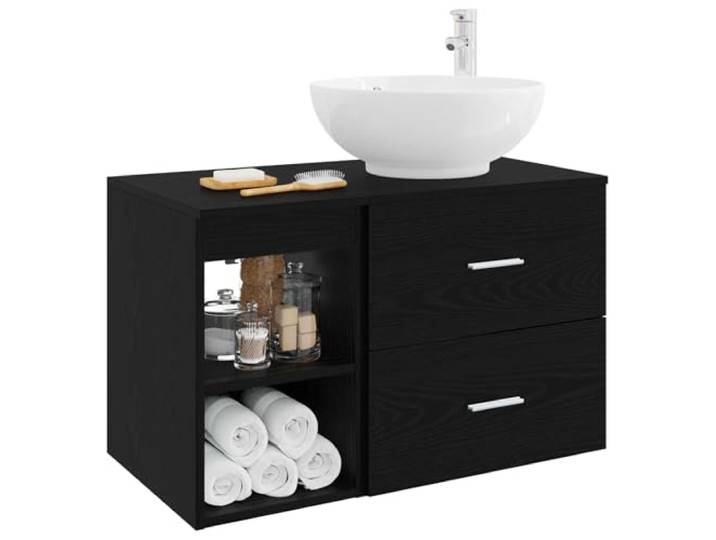SKTQYQO Badezimmermöbel-Set, 2-teilig, schwarze Eiche, Holz, technisch Wandmontage, 1 Schublade, 1 Einlegeboden, Waschbecken und Wasserhahn inklusive, flexible Bohrung