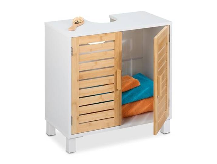 Relaxdays Waschbeckenunterschrank mit 2 Türen, HBT: 60x60x32 cm, Bambus & MDF, Badunterschrank Waschbecken, weiß/Natur