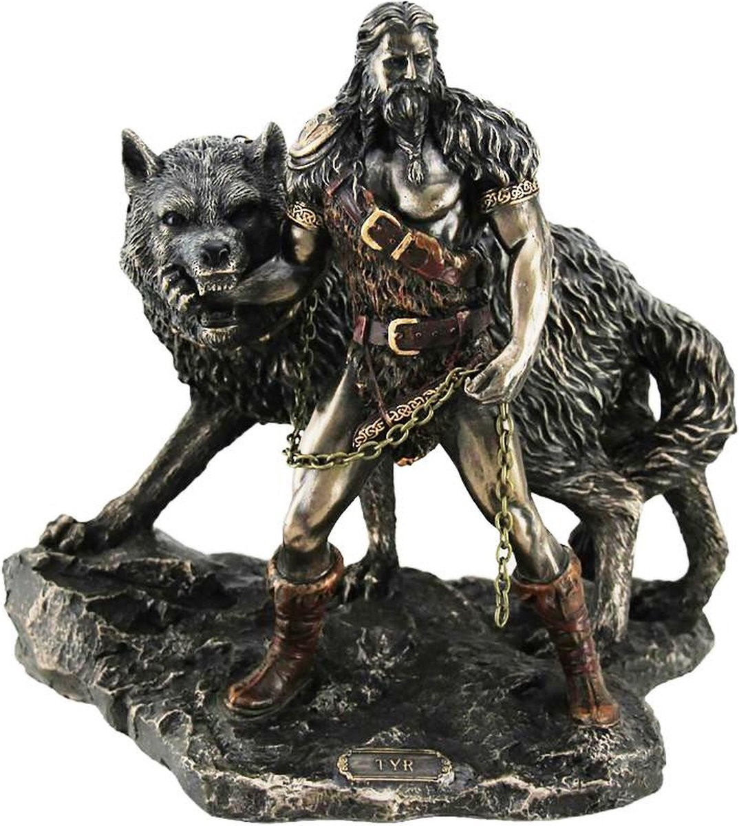Veronese Design Bronskleurig Beeld Noorse God Tyr en de Binding van Fenrir Hoogte: 22,5 cm
