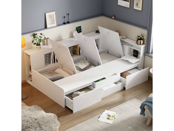 Lit enfant blanc multifonction avec tiroirs bibliothèque et rangements
