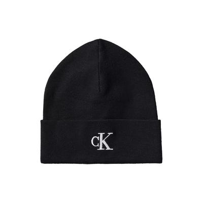 Strickmütze CALVIN KLEIN "CK FINE RIB BEANIE", Damen, schwarz, Strick, Viskosemischung, unifarben, Mützen Strickmütze, mit Markenlogo