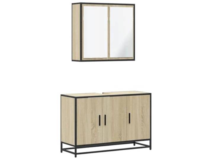 POUFGDR Badezimmermöbel-Set, 2-teilig, Sonoma-Eiche Wandschrank, industrieller Metallrahmen, Holzwerkstoff, Oberseite mit Loch für Spüle, platzsparend