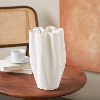 ARCILLA ELEMENTAL White Ceramic Ribbed Dimensional Folded Abstract Decorative Vase with Floral Shaped Rim