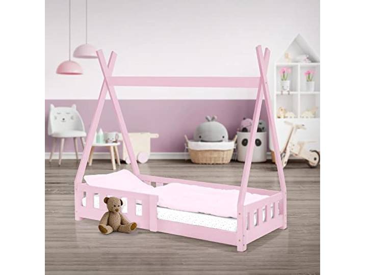 ML-Design Kinderbett Tipi 70x140 cm Rosa mit Rausfallschutz und Lattenrost, aus Kiefernholz, Indianer Bett für Mädchen, Hausbett mit Zaun, Kinderhaus Bodenbett Holzbett Jugendbett Spielbett Zelt
