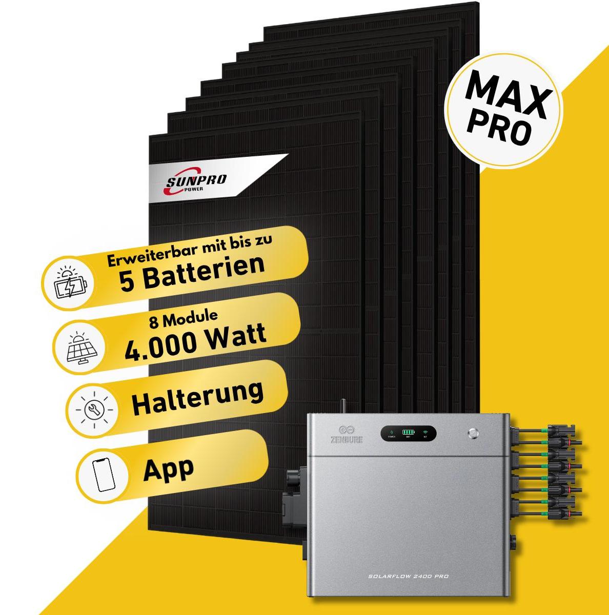 Balkonstrom Balkonkraftwerk 8000W Solaranlage mit Speicher | Bitumendachhalterung | 16xSolarmodul | Zendure SolarFlow 4000 Mix Pro