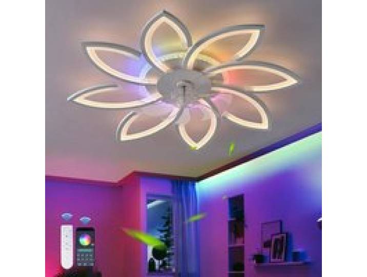 Fleurs Luminaire Ventilateur RGB Avec Télécommande APP Lampe Ventilateur Plafond Couleur Variable Ventilateur Plafond Salon Blanc