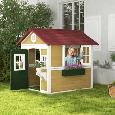 Outsunny Outdoor Kids Playhouse, Wooden Playhouse with Doors, Windows, Planter Pots and Boxes for Toddlers 3-8 Years
