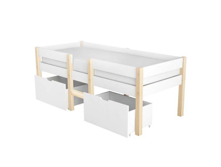 Lit mi-haut enfant - WF289184AAA - 90 x 200 cm - Pin massif blanc - 2 tiroirs & barrière sécurité