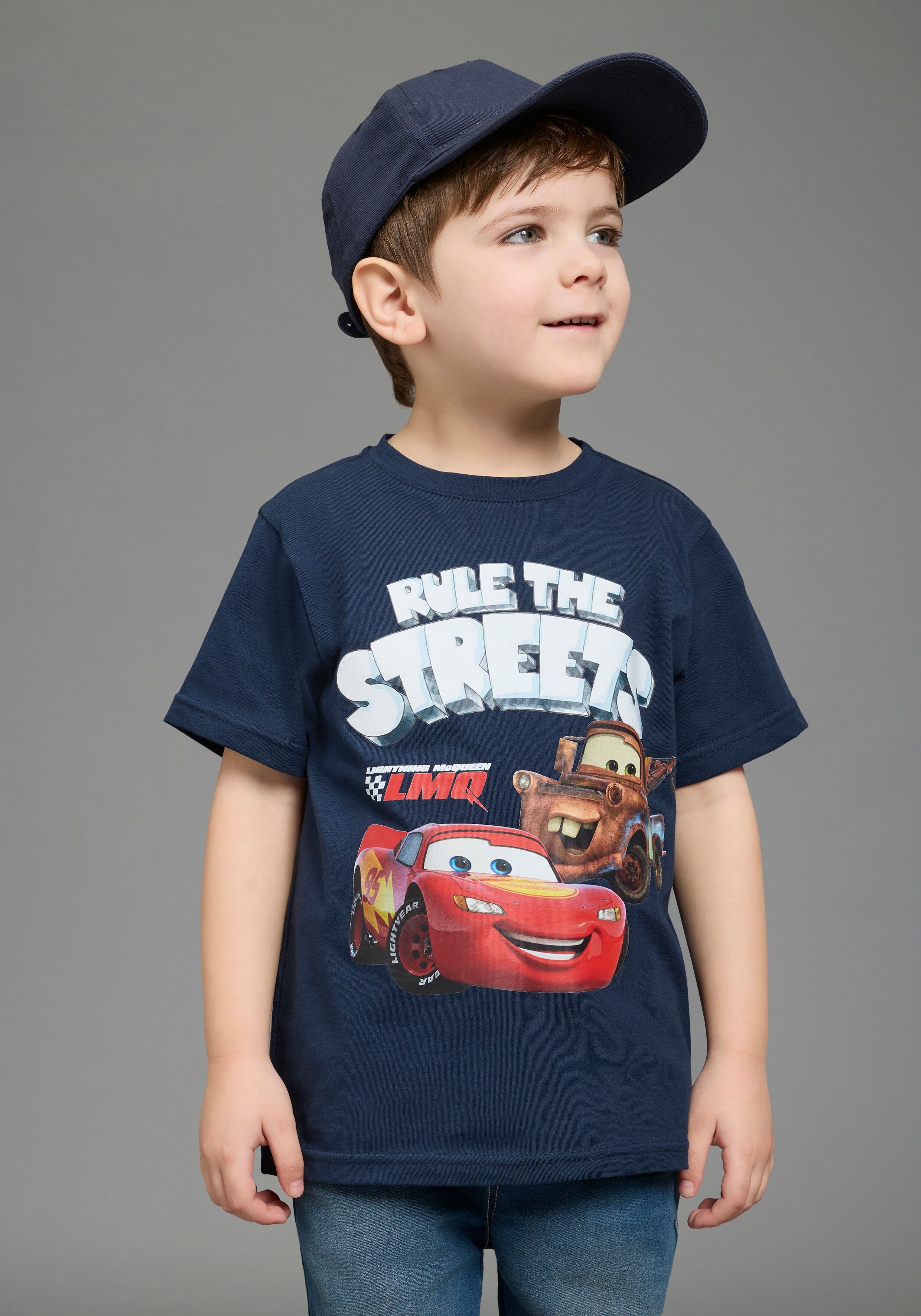 T-Shirt KIDSWORLD "CARS LIGHTNING MCQUEEN - Disney Shirt", Jungen, Gr. 140/146, blau (marine), Single Jersey, Obermaterial: 100% Baumwolle, bedruckt, Basic normal, Rundhals, abgesteppte Kante, Shirts T-Shirt, Kurzarm, Rundhalsausschnitt, in Basic Passform