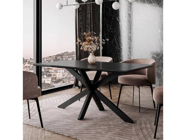 WENO Esstisch 160x90 cm Schwarz Marmoroptik, Metallbeine, für 4–6 Personen Großer fester Esszimmertisch 160 x 90 cm für 4–6 Personen, schwarze Metallbeine, Industrial Stil