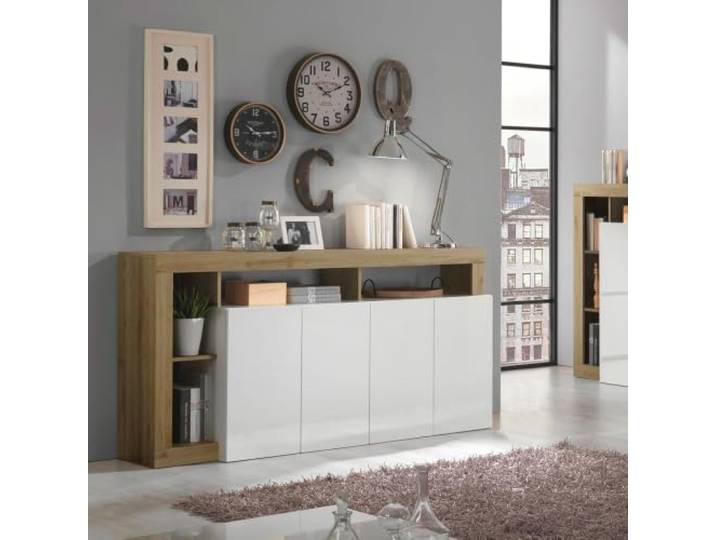 Sideboard Wohnzimmer Anrichte 184 cm 4 Türen weiß glänzend Eiche Cadiz BR