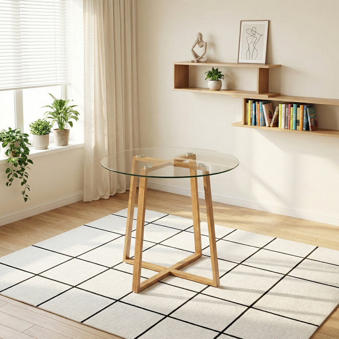 Hykkon Nero Round Glass Top Dining Table with Iron Base Brown/Clear