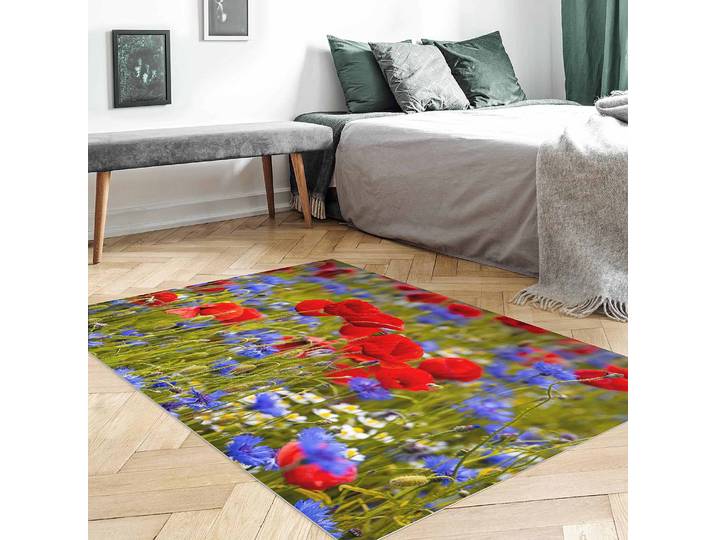 Vinylteppich Sommerwiese mit Mohn 120 x 80cm Rot