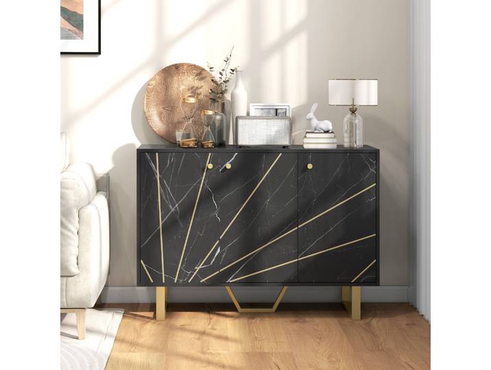 HOMCOM Buffet Salon 3 Portes Marbre Noir Pieds Métal