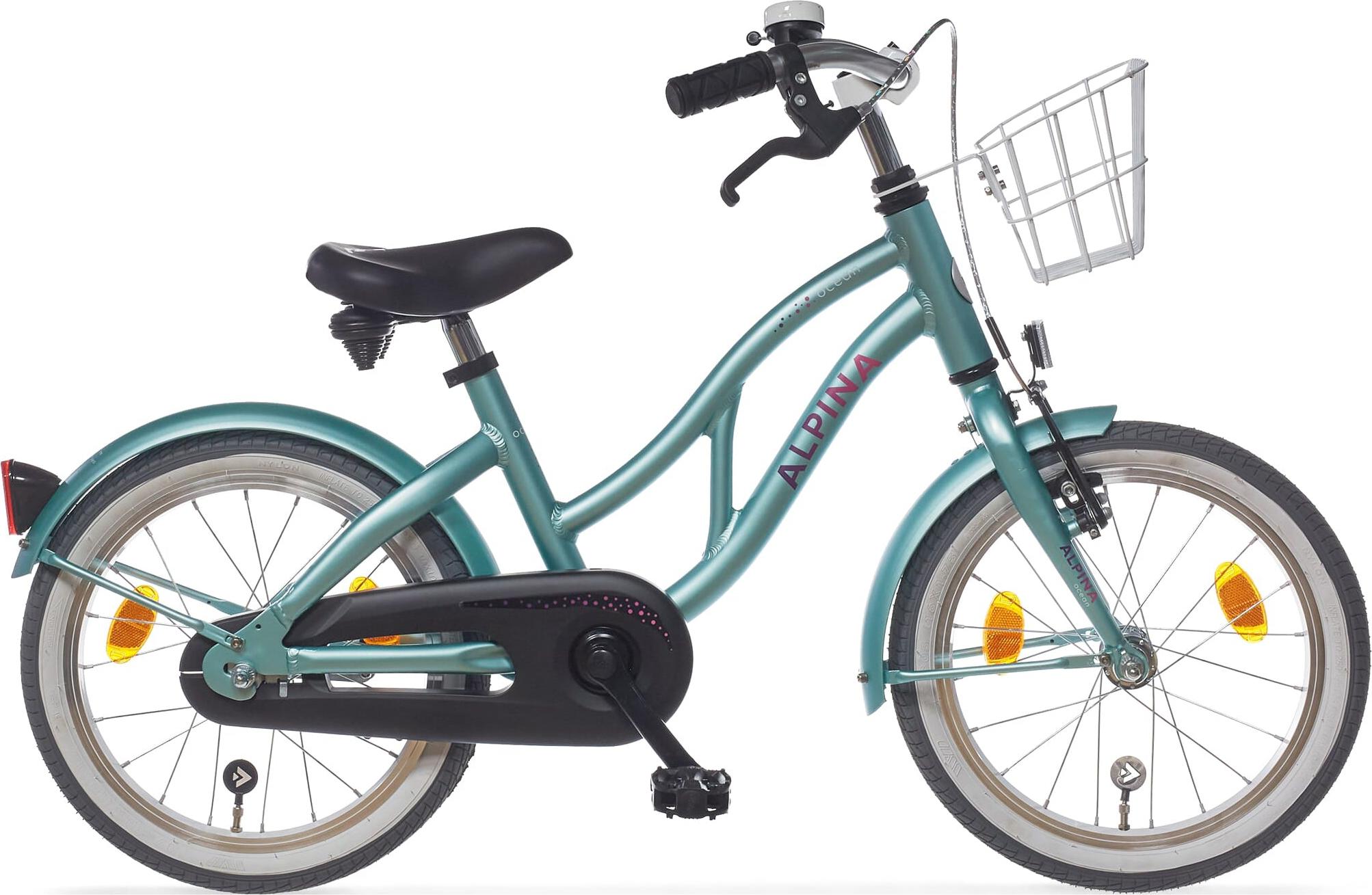 Alpina Mädchenfahrrad Ozean M18, 18 Zoll, Weiches Grün, mit Korb, Rücktritt- & V-Bremse