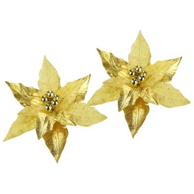 Dekohänger I.GE.A. "Poinsettia auf Clip", gold, B:28cm H:14cm, Polyester, Dekohänger, 2er Set 28cm Weihnachts-Christstern künstlich Weihnachtsblume gold