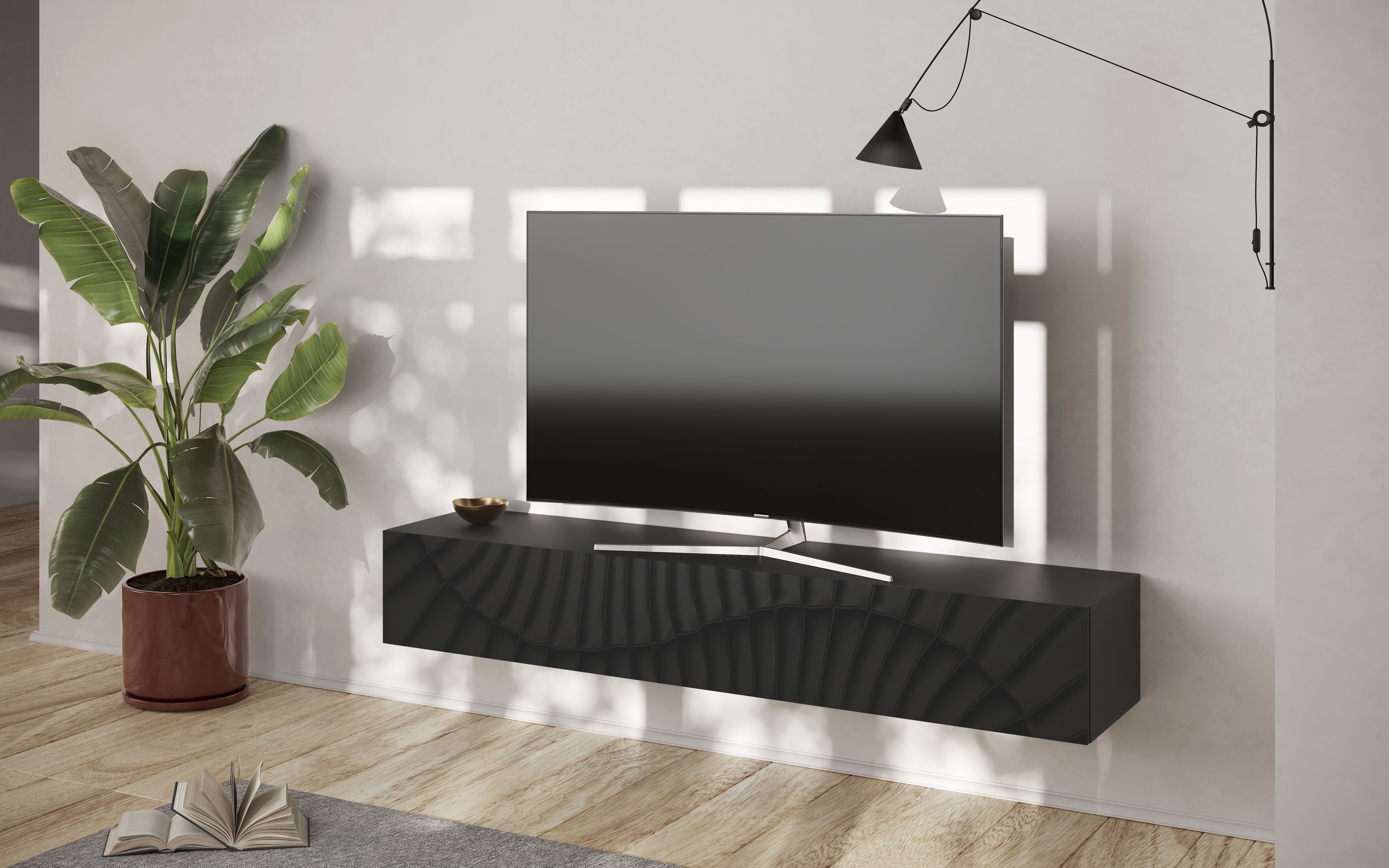 TV-Board GOODPRODUCT "Snake, Schwebe-Lowboard, TV-Schrank, Media-Board, Breite 180 cm", schwarz (anthrazit mit siebdruck), B:180cm H:28cm T:30cm, Sideboards, TV-Board, mit Siebdruck-Front, 1 Klappe, wandhängend, stilvoll & funktional anthrazit mit siebdru