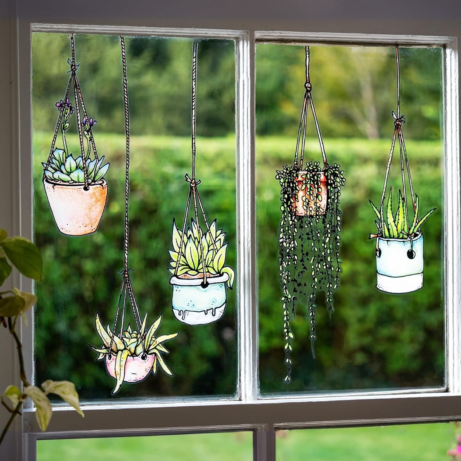 SnelShoppen Set van vijf zelfklevende raamstickers met hangende plantmotieven voor vogelbescherming