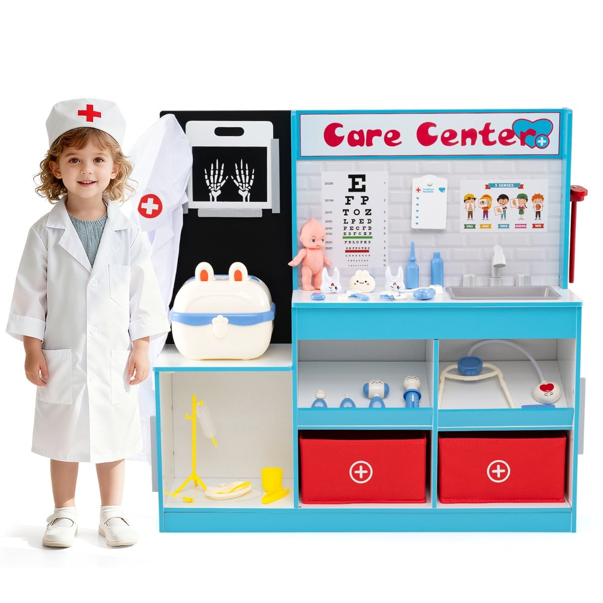Costway Houten Doktersspeelset Medisch Centrum met 29 Medische Accessoires - Blauw