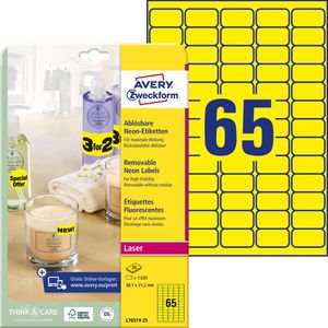 Zweckform Avery  L7651Y-25 Universaletiketten, neon-gelb, 38,1 x 21,2mm, ablösbar, 25 Blatt, 1625 Stück