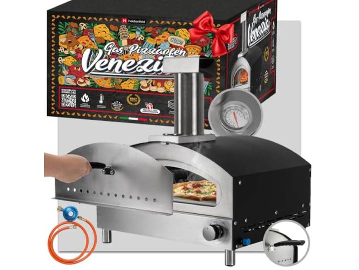 Heidenfeld Gas Pizzaofen Venezia Bis zu 500°C Gasofen (Silber) Inkl. Pizzastein Backofen Pizza Ofen Pizza Maker Pizzamaker Brot Backofen Pizza Grill Gartenofen Outdoor