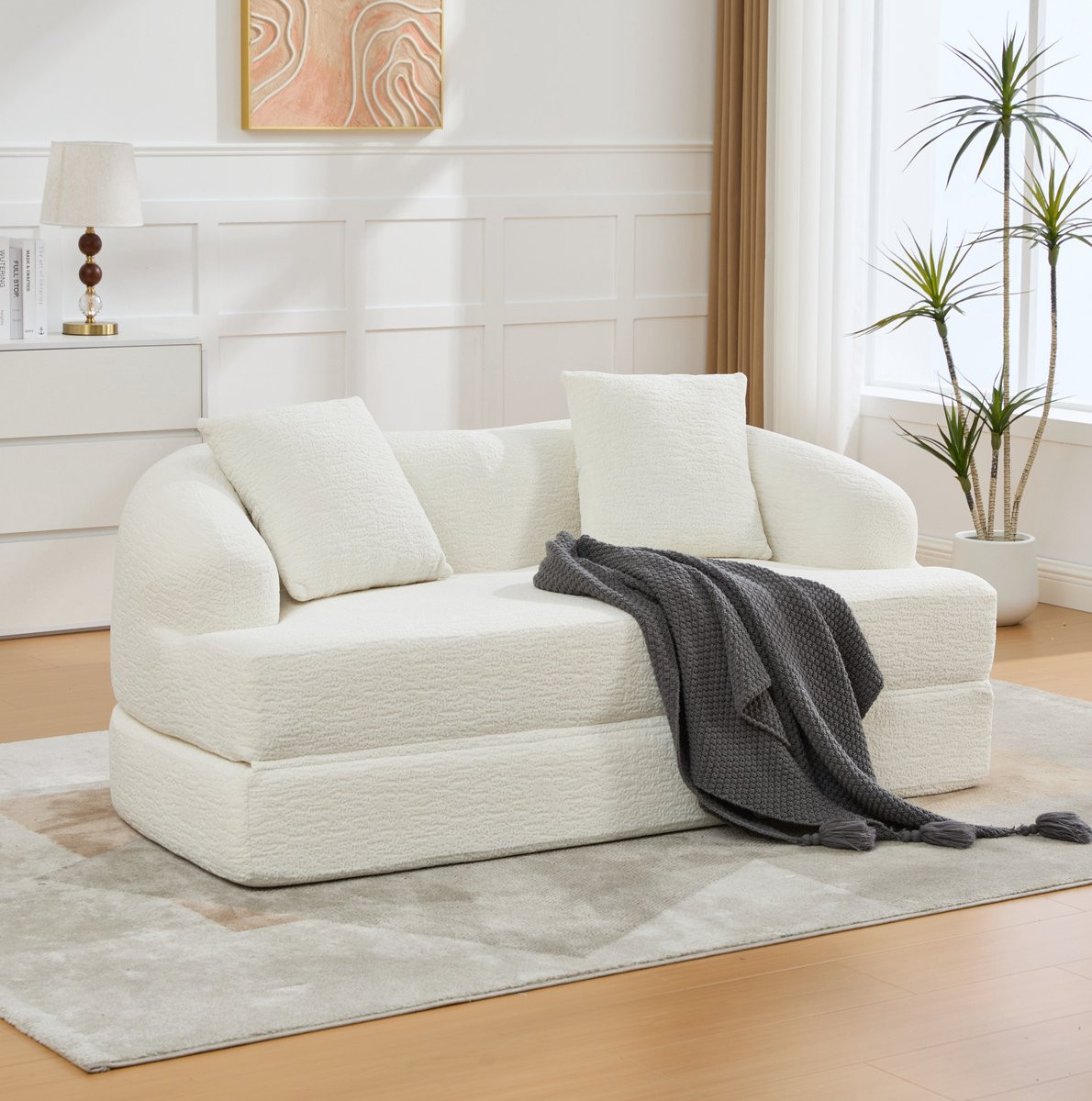 STILVORA Slaapbank 2-Zits Retro Stijl Beige Chenille met 2 Kussens