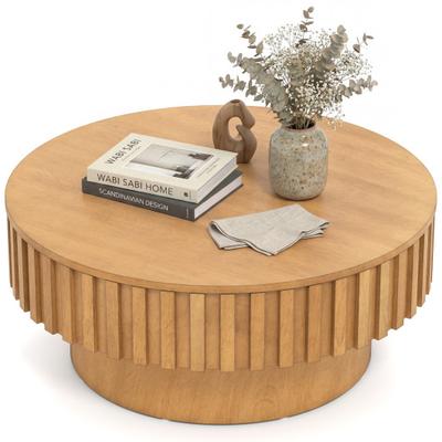 Costway Round Coffee Table with Storage Modern Wooden Drum Coffee Table with Hidden Compartment-Natural