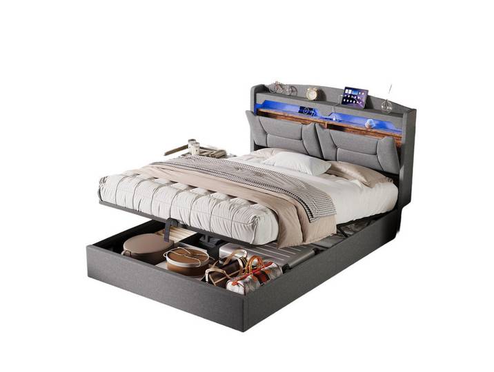 Shopentra Polsterbett 140x200cm grau Stoff, LED-Kopfteil, Usb, Gasdruck-Stauraum, Grau, Holz, Schlafzimmer, Betten, Polsterbetten
