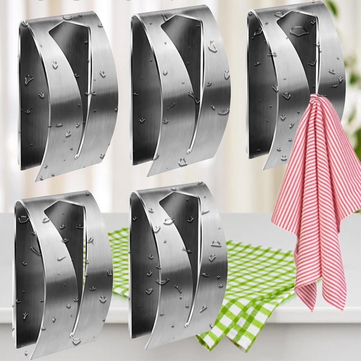 5x Zelfklevende Handdoekclips RVS - Ophanghaken voor de Keuken en Badkamer zonder Boren