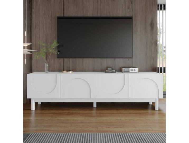Lemonbest Meuble TV blanc moderne 169 x 34 x 45 5 cm Meuble tv bas avec 4 portes courbes en forme de vague et étagères