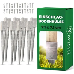 Novatool, Zaunpfosten + Pfähle, 8x Einschlagbodenhülsen-Set 71x71x750 mm, Bodenhülse Sonnenschirm Pfostenträger Zaunpfosten