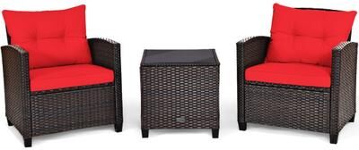 Costway 3 Pcs Patio Rattan Furniture Set Cushioned Conversation Set Coffee Table-Red