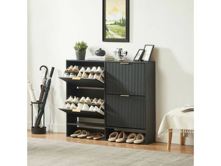 Meuble à chaussures - WESTYLE - 4 portes abattantes - Noir - 120x24x102 cm - Anti-basculement
