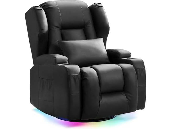 LIFTSHA Relaxsessel mit Liegefunktion, Drehbarer Schaukelstuhl Fernsehsessel mit Heizung & Vibrierende Massage, TV Sessel Heimkinositze mit LED-Umgebungslicht, Elektrisch Verstellbar (1, Schwarz)