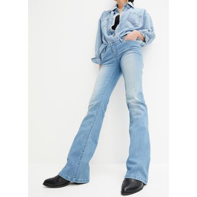 Bootcut-Jeans BONPRIX "Bootcut-Jeans Mid Waist, Stretch", Damen, Gr. 46, N-Gr, blau (hellblau denim), Obermaterial: 82% Baumwolle, 17% Polyester, 1% Elasthan, slim fit, Jeans, Slim Fit Passform, Mid Waist Schnitt, mit Stretch-Anteil
