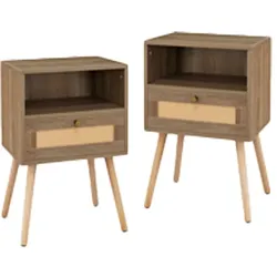 COSTWAY Rattan-Nachttisch, 2er-Set, Nachttisch mit Schublade und offenem Fach