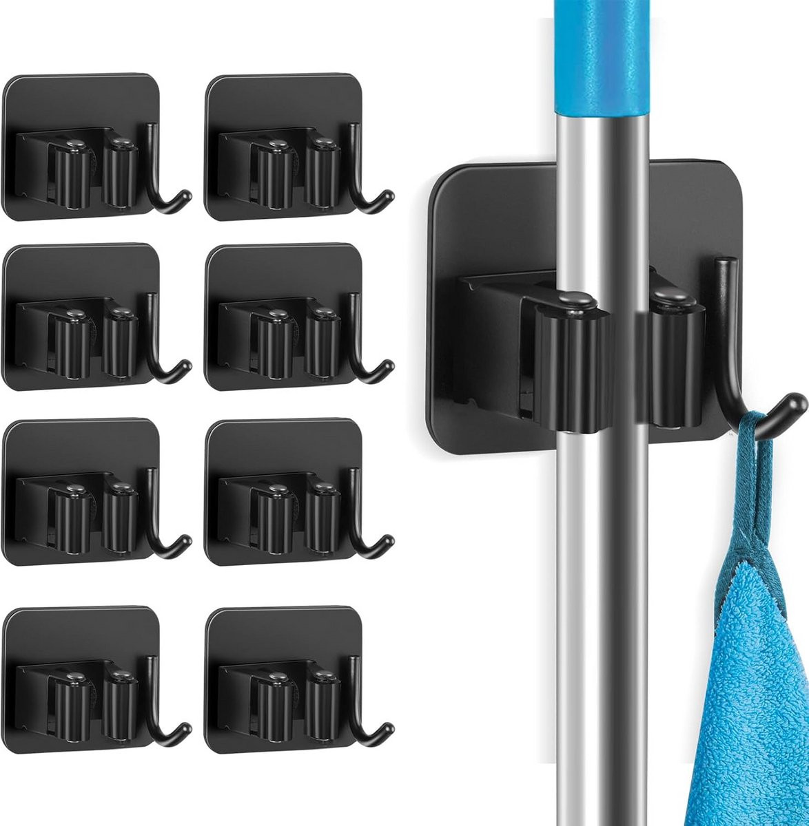 8 Stuks Bezemhouder Wandmontage: Sterke Zelfklevende Hangers voor Dweilen en Gereedschap
