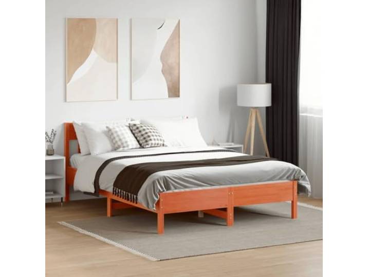 KQWQERT Massivholzbett Kiefernholz 160x200cm Wachsbraun Bettgestell Rustikale Optik, Stabile Konstruktion, Rückenfreundliches Kopfteil