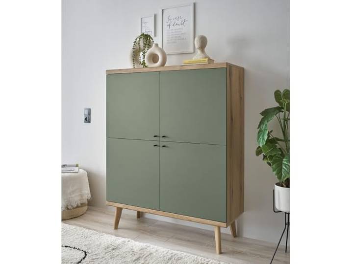 Lomadox Wohnzimmer Esszimmer Anrichte Highboard in Eiche mit grün Modern