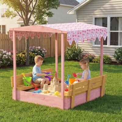 Homcom Qaba Wooden Sandbox with Cover, Bench Seats, Liner, Canopy, Flamingos Print, Pink