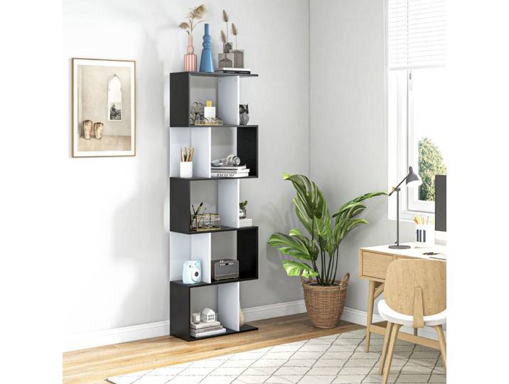 Bibliothèque Design Contemporain Noir et Blanc 5 Étagères Rangement en S Meuble