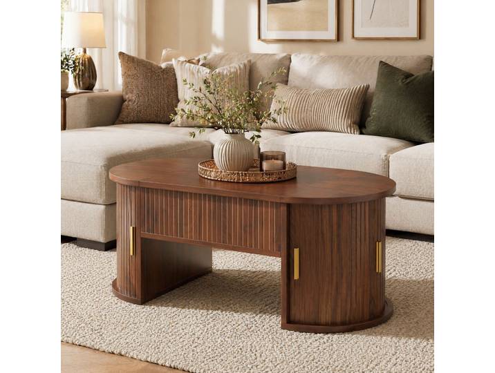 Table Basse 100x50x40\,5 Cm Noyer – Plateau Relevable\, Portes Coulissantes\, Mdf Meubliv