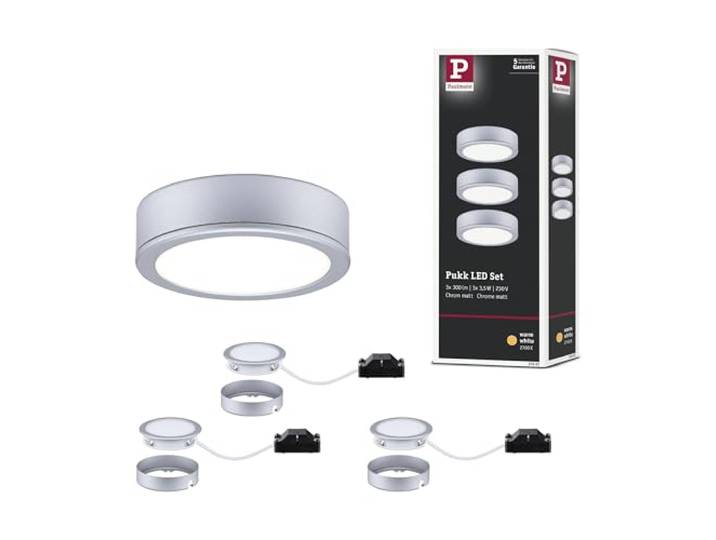 Paulmann 93092 LED Möbelleuchte Set Pukk rund incl. 3x3,5 Watt Schrankleuchte Chrom matt Kunststoff 2700 K