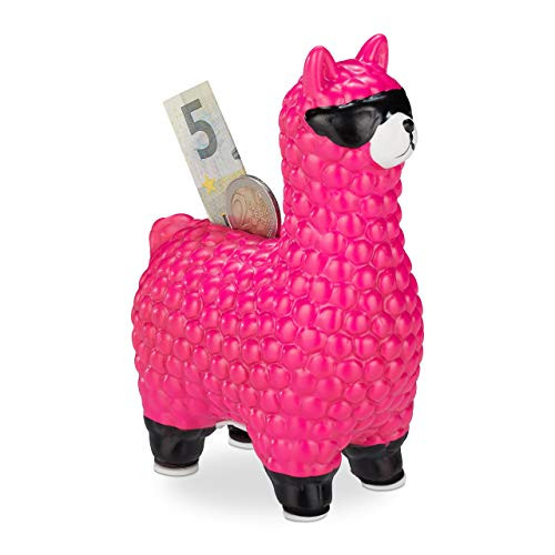 Relaxdays Lama spaarpot met zonnebril, keramiek, roze, H 15,5 x B 11 x D 6 cm